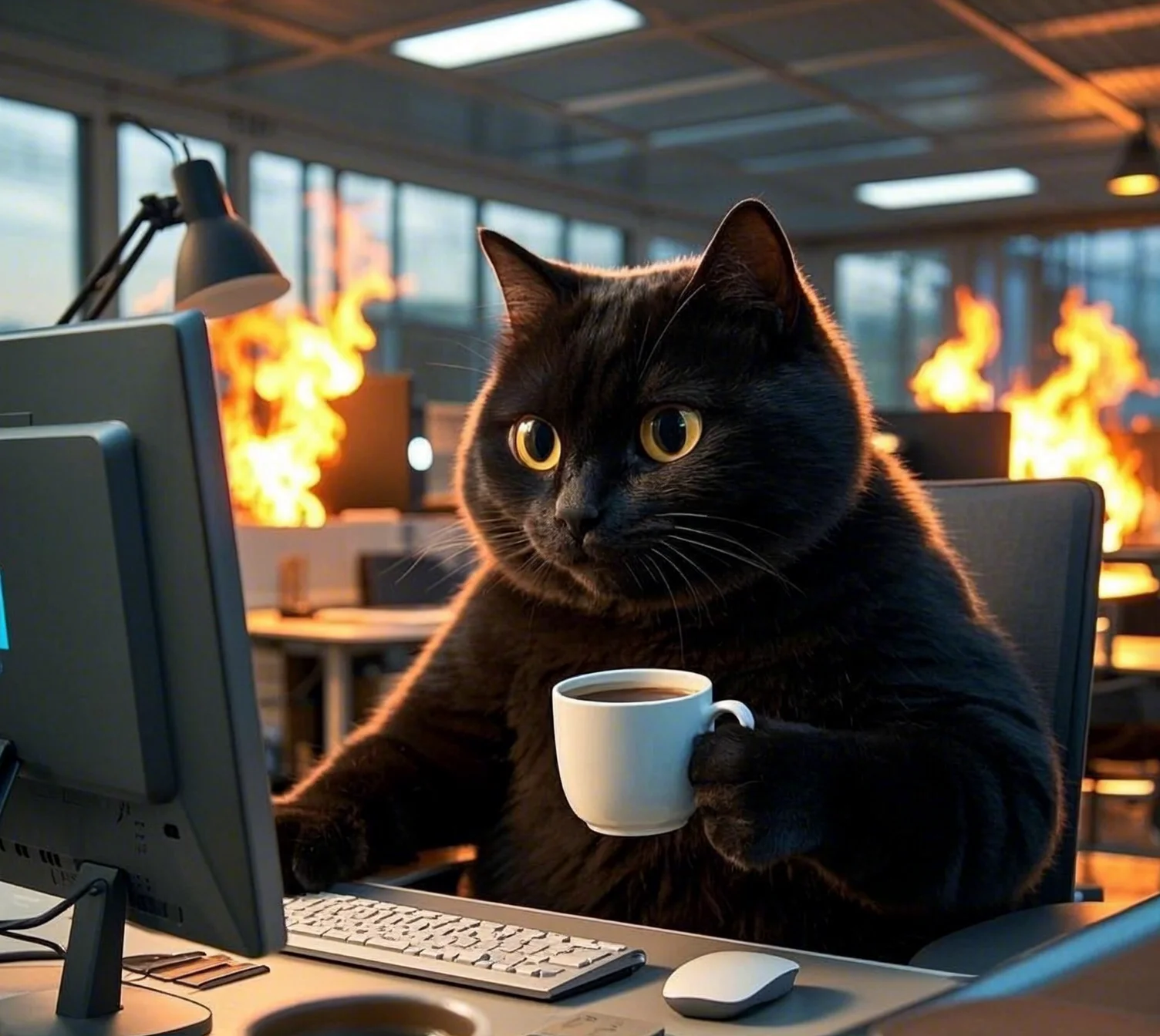 Office Cat in Flames